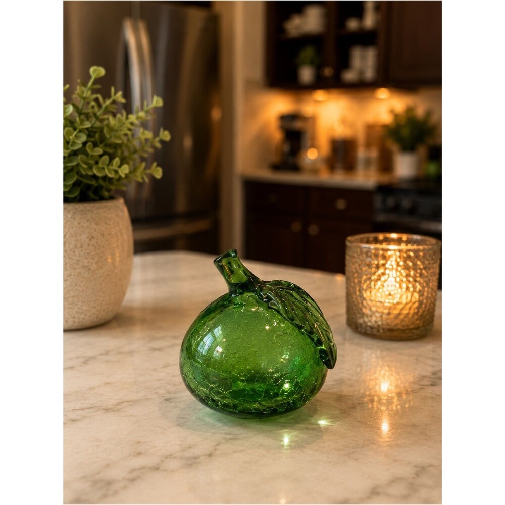 Vintage Emerald Green Hand Blown Crackle Glass Apple with Leaf | Studio Art